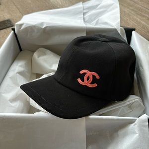 Chanel black denim logo hat baseball cap one size with box coco beach